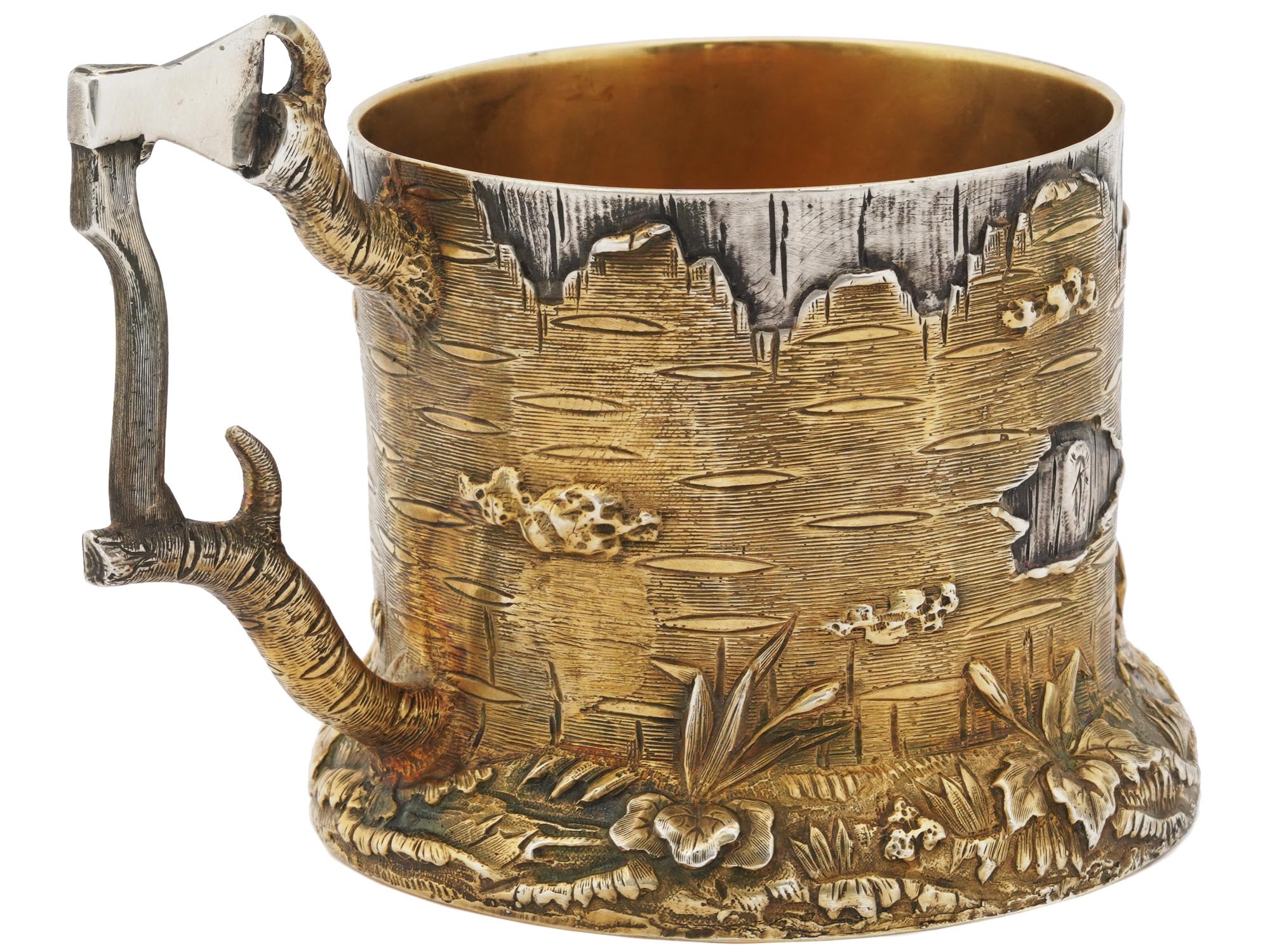 RUSSIAN GILT SILVER TREE STUMP TEA GLASS HOLDER PIC-1